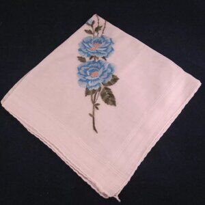 Vintage White Handkerchief with Blue Embroidery Flowers Floral Hanky